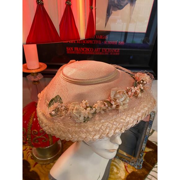 vintage 1950s pale pink saucer hat tulle and flowers 50s fashion easter wedding - Picture 2 of 8